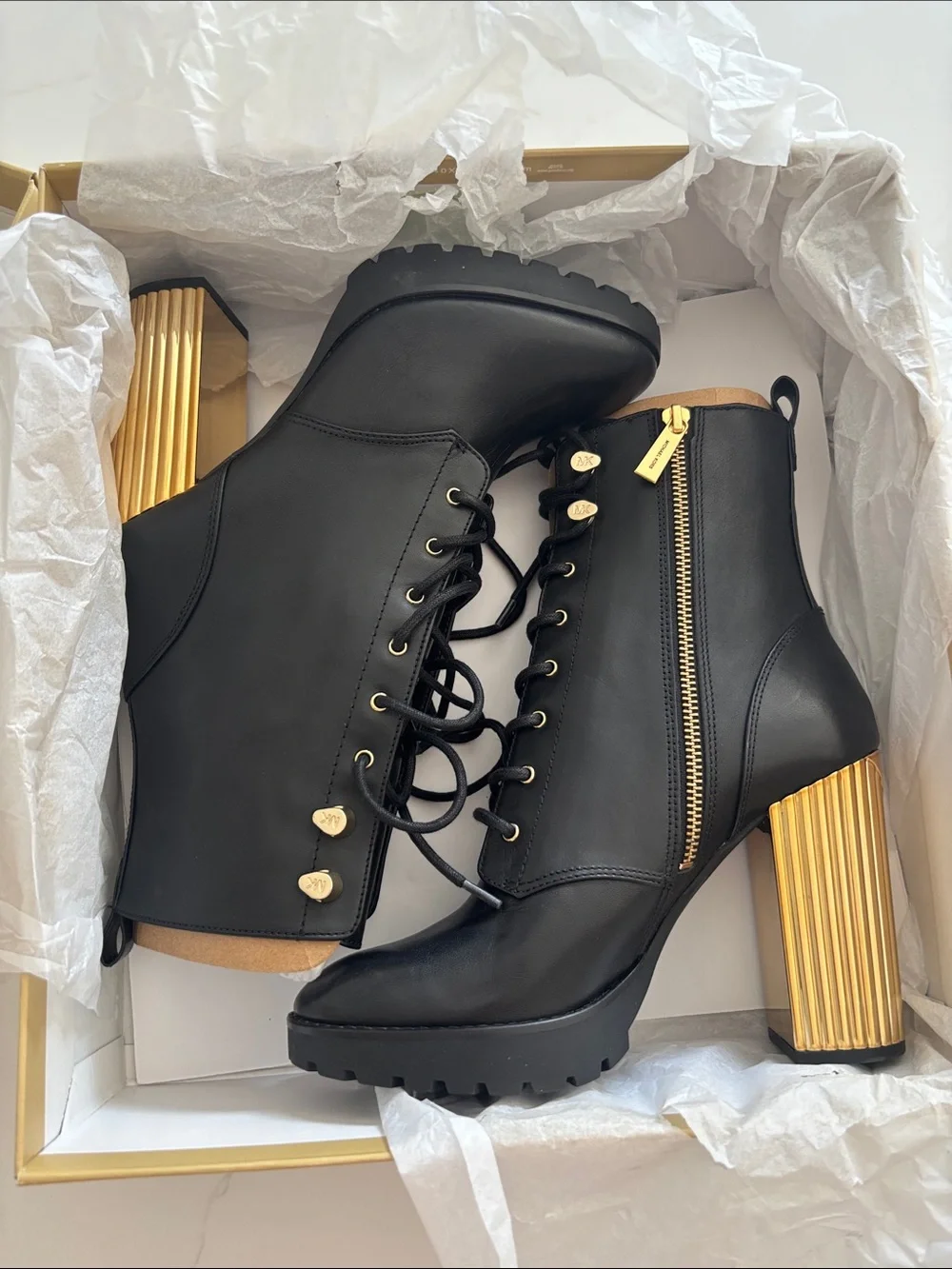Michael Kors Black Leather Porter Lace-Up Ankle Boots with Gold Heel